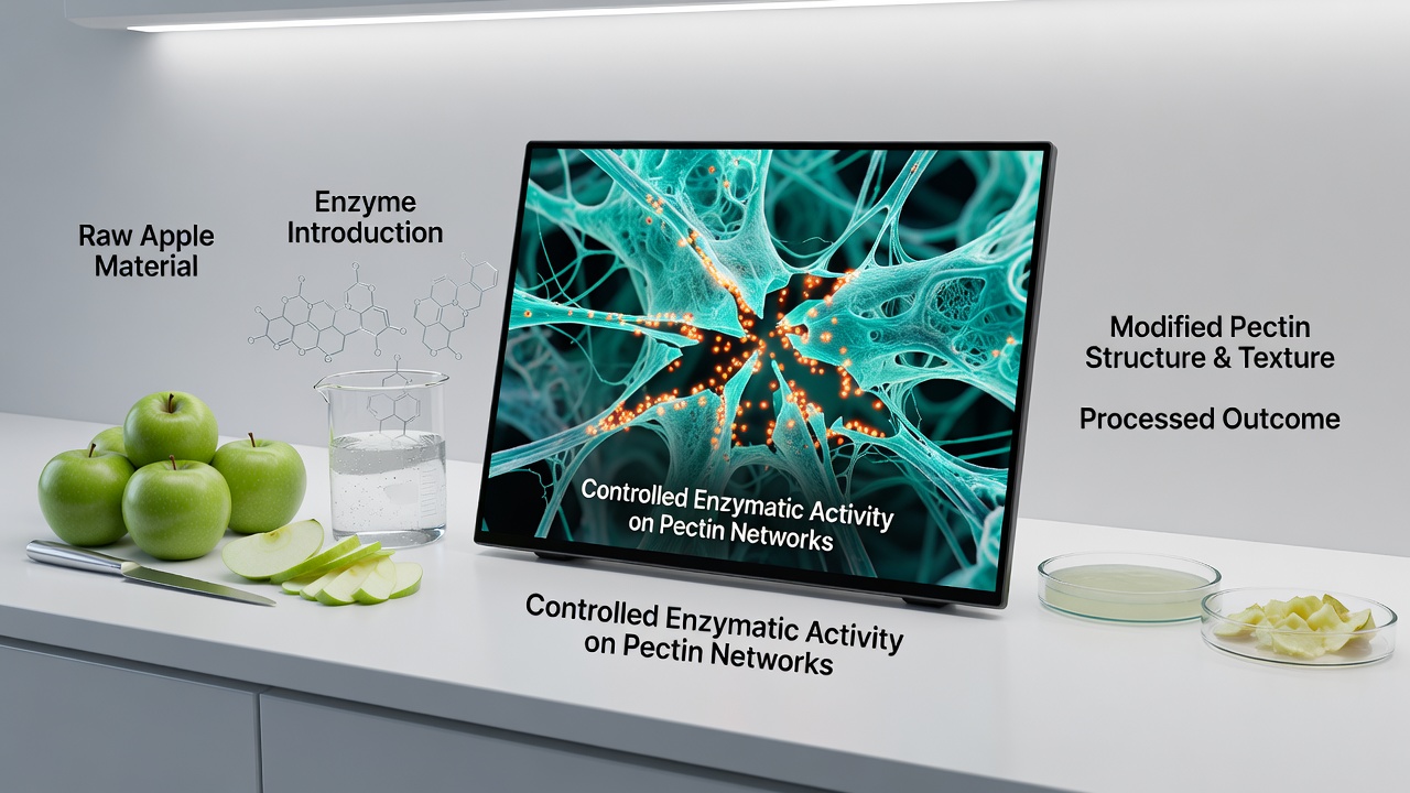 Industrial drying chamber processing enzyme-treated apple slices for export snack production
